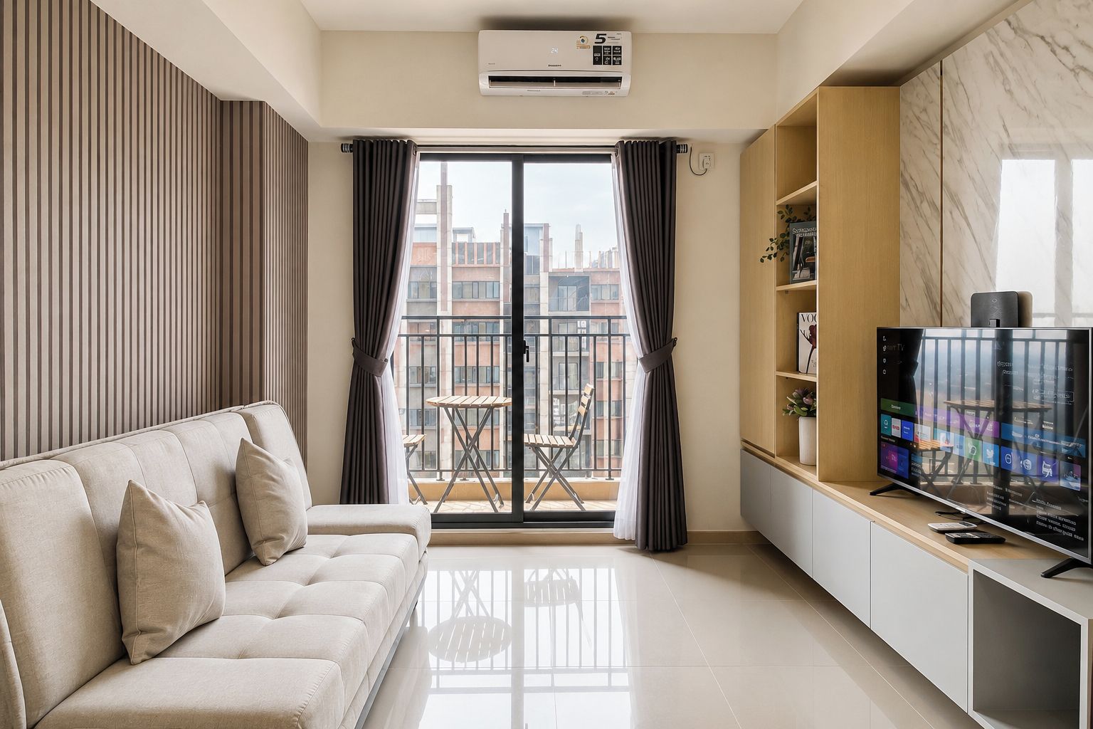 A modern living room with a sofa, a television, and a balcony with a view of buildings.