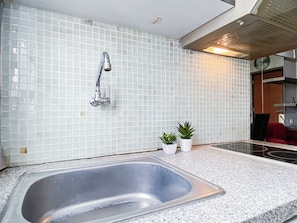Eine Küche mit einem Edelstahlspülbecken, einer weißen Küchenrückwand und zwei Blumentöpfen.