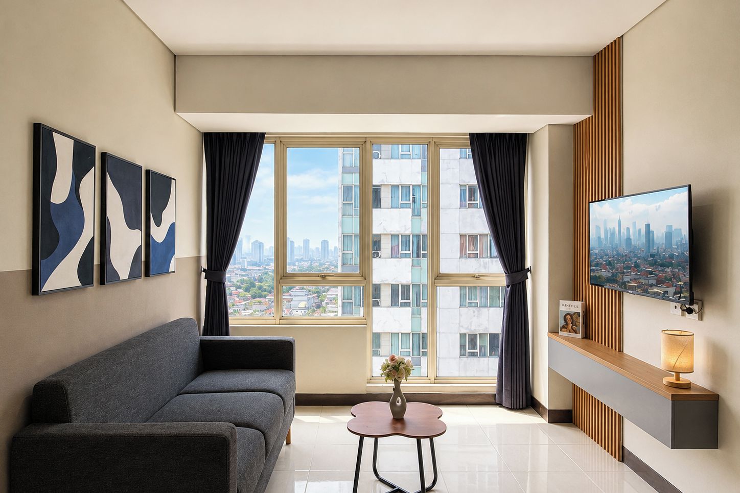 A modern living room with a sofa, a coffee table, a TV, and a city view.