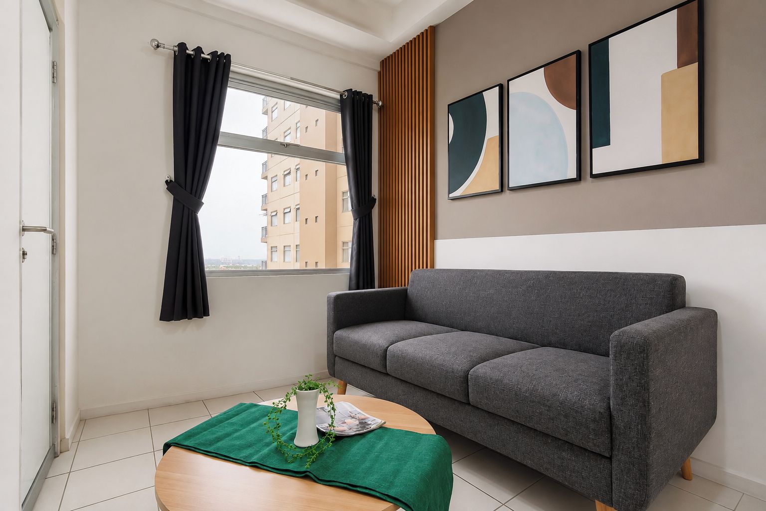 Una sala moderna con un sofá gris, una mesita redonda de madera con un mantel verde, un florero blanco con una planta y una ventana con cortinas negras.