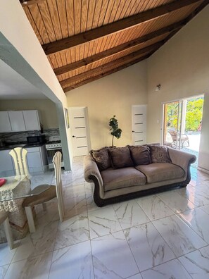 Amplia sala de estar con techo alto, un sofá, una mesa de comedor con sillas, una zona de cocina y un ventanal corredero que da a un patio exterior.