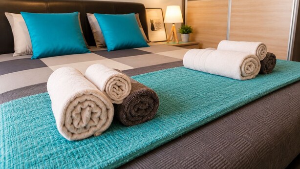 Ein Hotelzimmer mit einem Bett, einer türkisblauen Tagesdecke und aufgerollten Handtüchern.