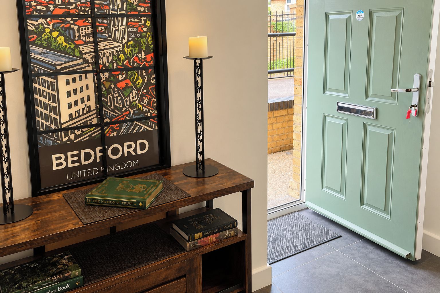 Una obra enmarcada de Bedford, Reino Unido, una consola de madera con libros, una vela y una puerta con cerradura Yale.