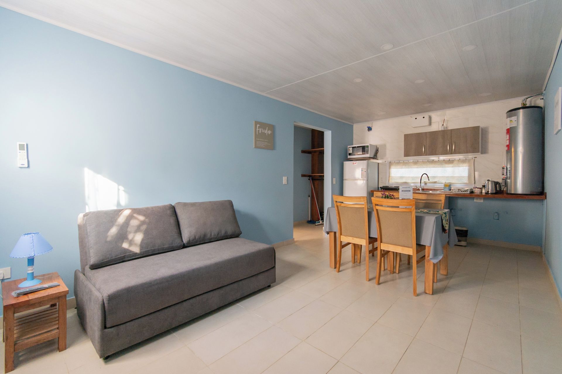 A compact living space with a sofa, dining table, chairs, a kitchen area with appliances, and a small side table.