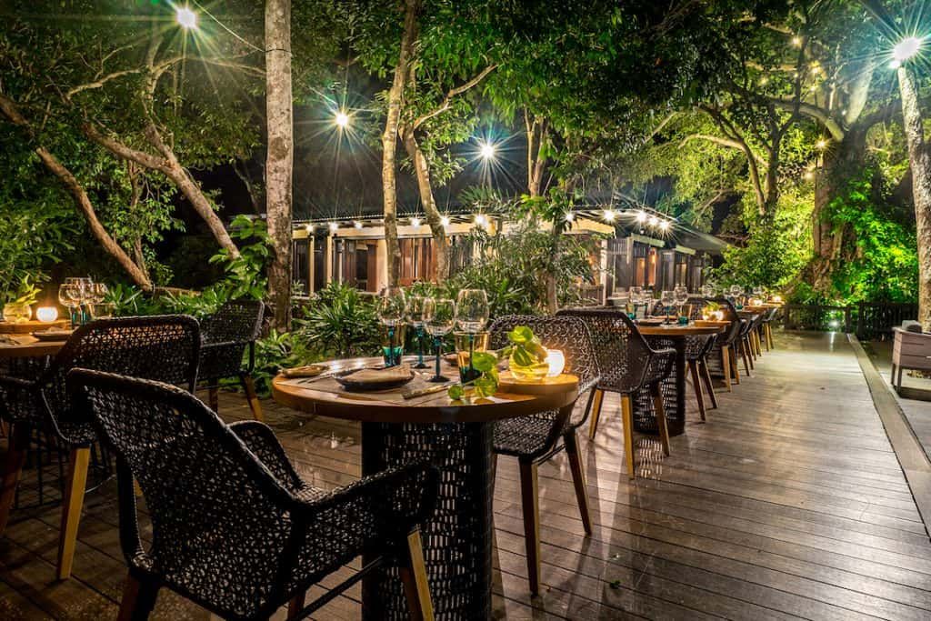 Un área de comedor al aire libre con sillas y mesas de mimbre, rodeada de árboles e iluminada por luces colgantes.