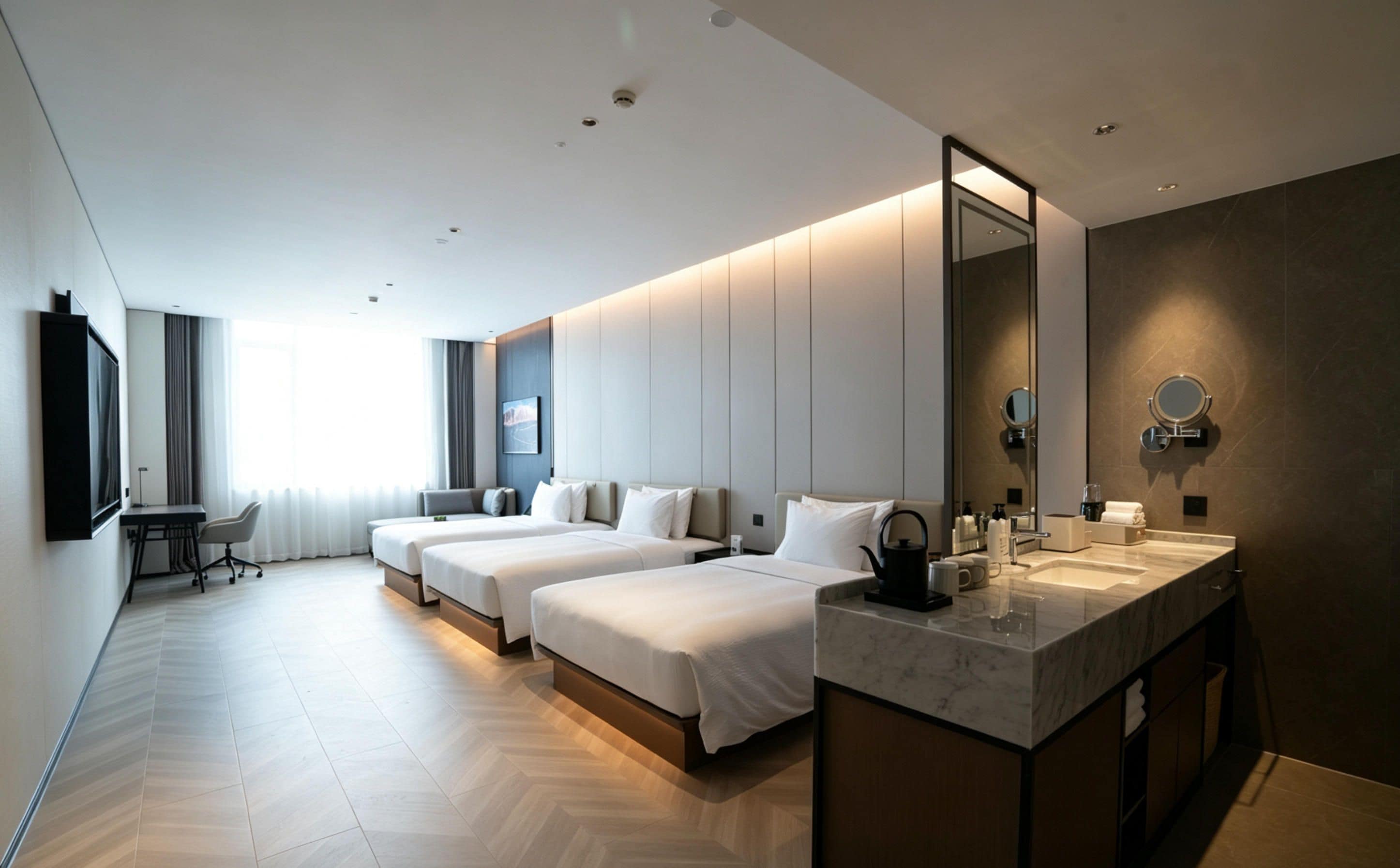Habitación de hotel con dos camas, un escritorio, una silla, un espejo grande y un baño con lavabo y espejo.