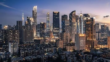 Un paisaje urbano con rascacielos y una densa edificación.