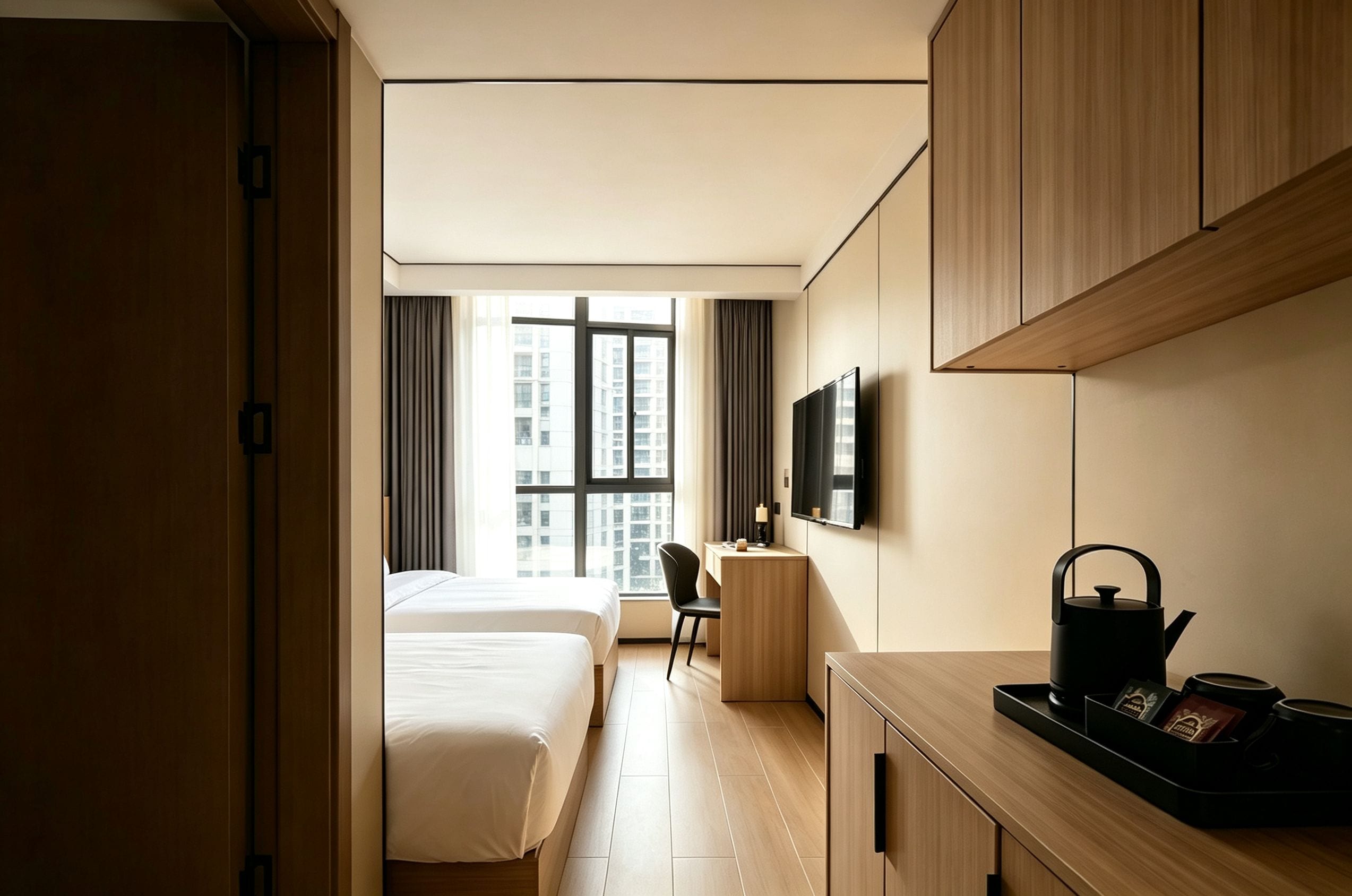 A hotel room with a bed, a desk, a television, and a window with curtains.