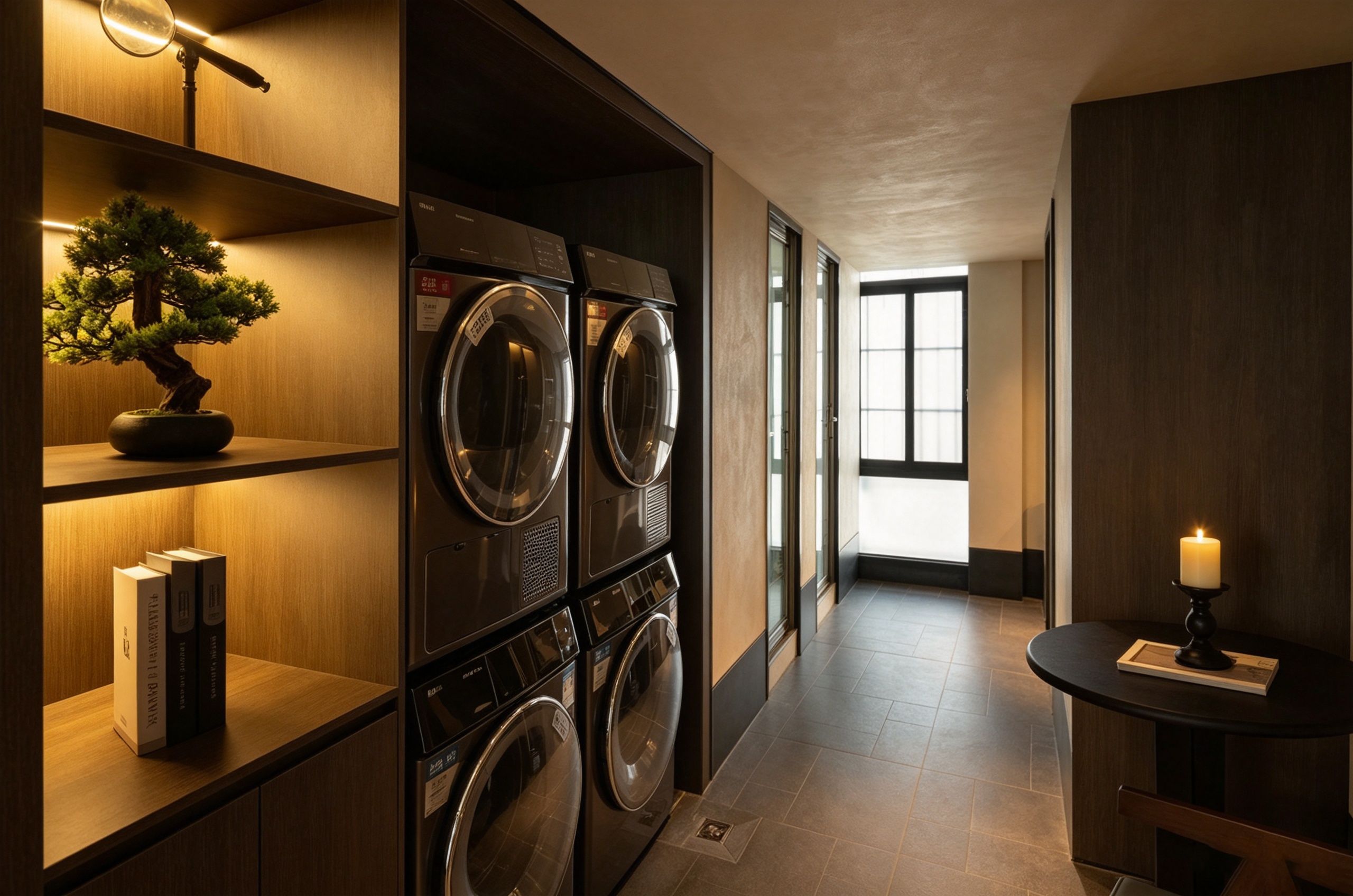 A laundry room with multiple washing machines, a bonsai tree, and a candle on a table.