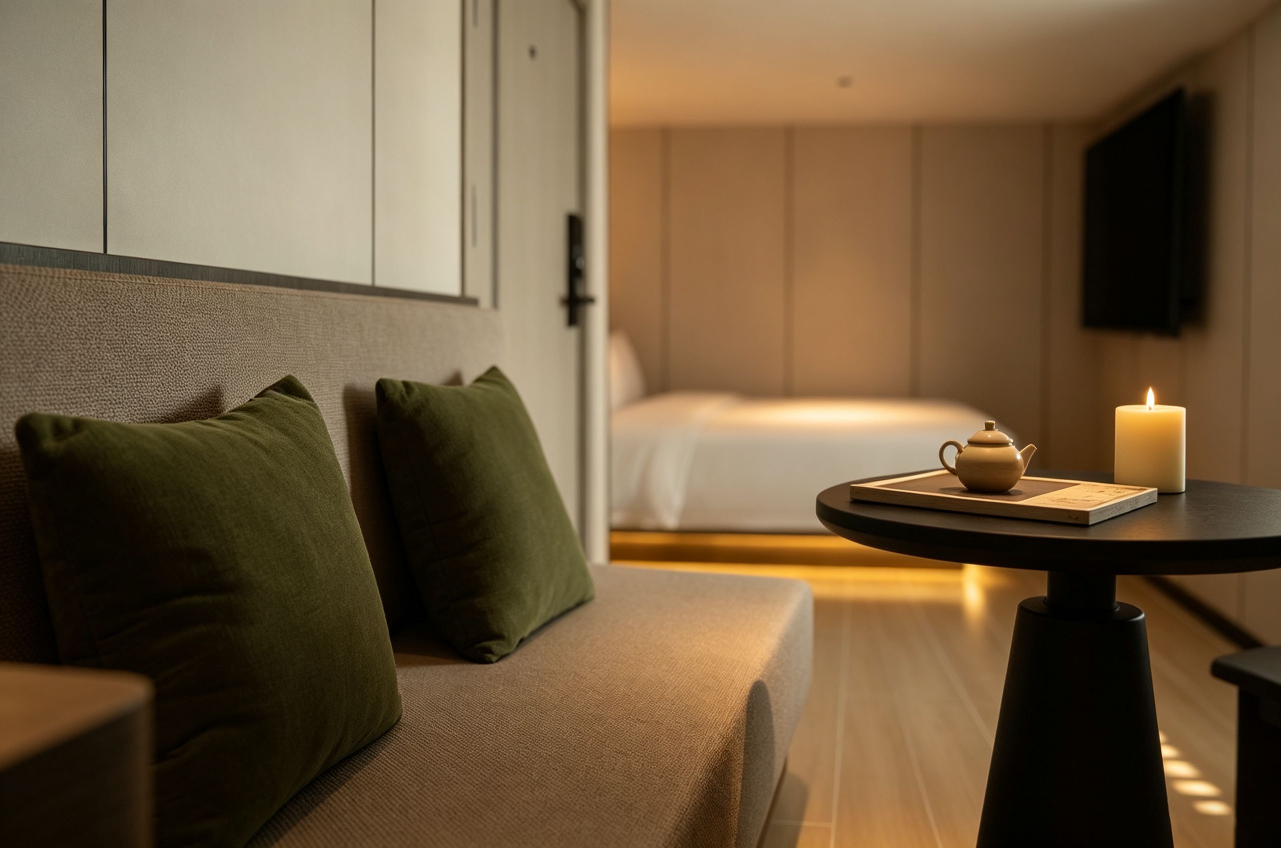 A hotel room with a sofa, a bedside table with a teapot and a book, a lit candle, and a bed in the background.