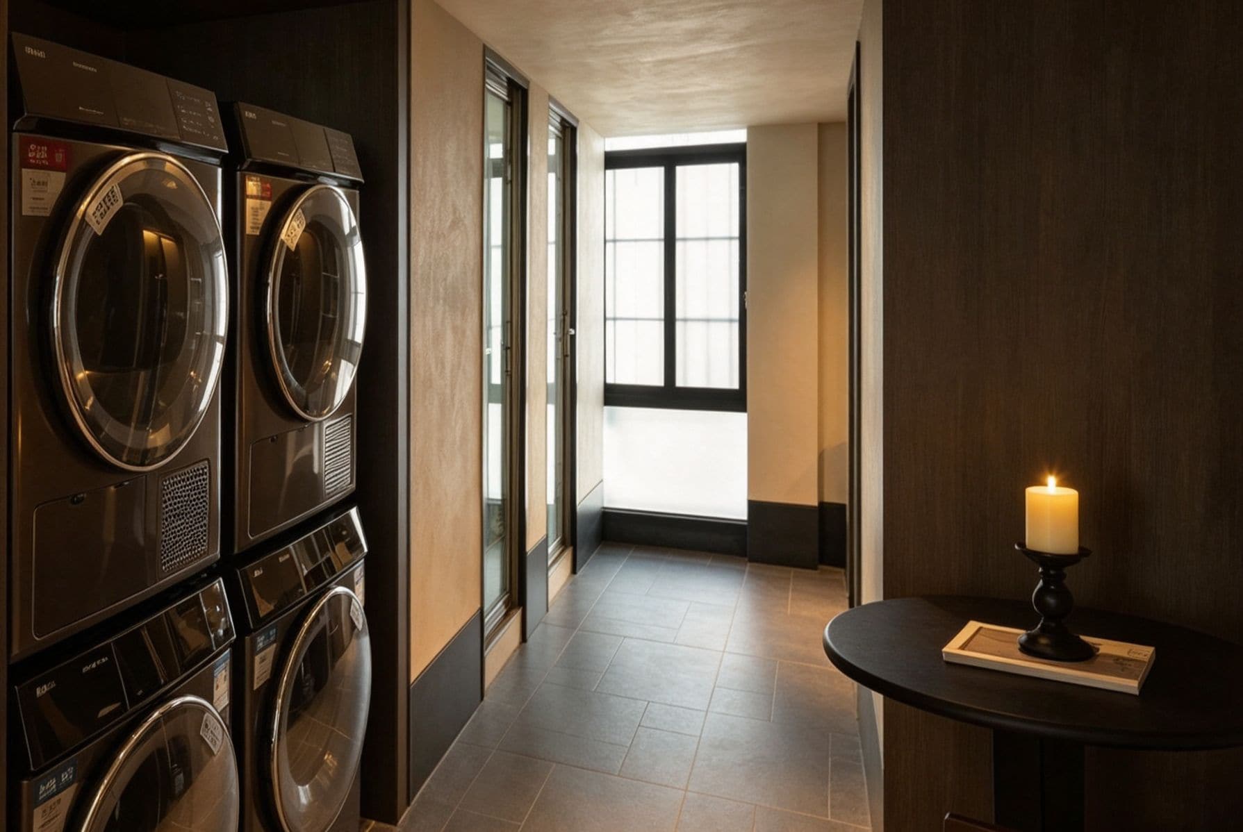 A laundry room with multiple washing machines and dryers, a tiled floor, and a window providing natural light.