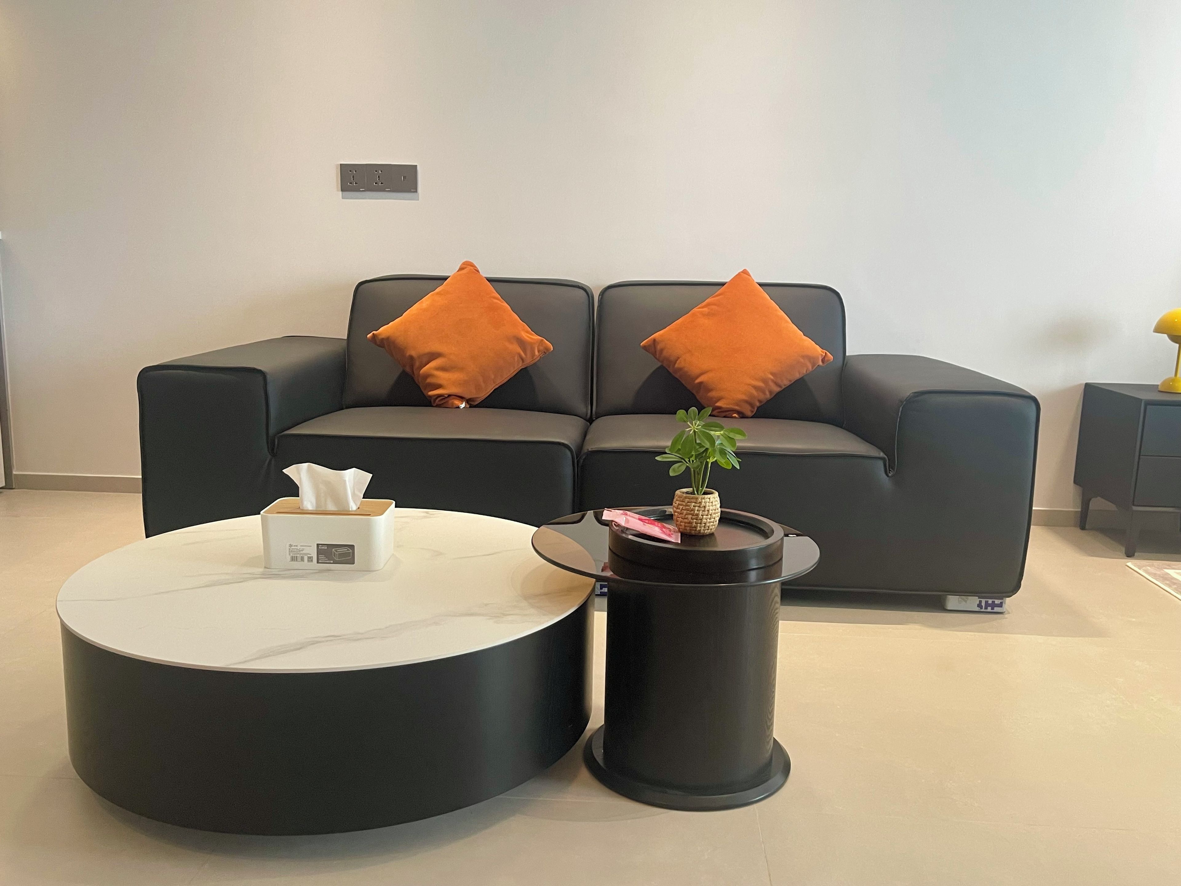 En moderne stue med en sort sofa, to orange puder, et rundt hvidt sofabord og et lille sort vedhængsbord med en plante.