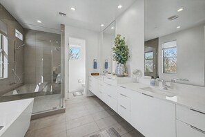 Un bagno moderno con doccia a filo pavimento, uno specchio grande e una pianta sul mobile.