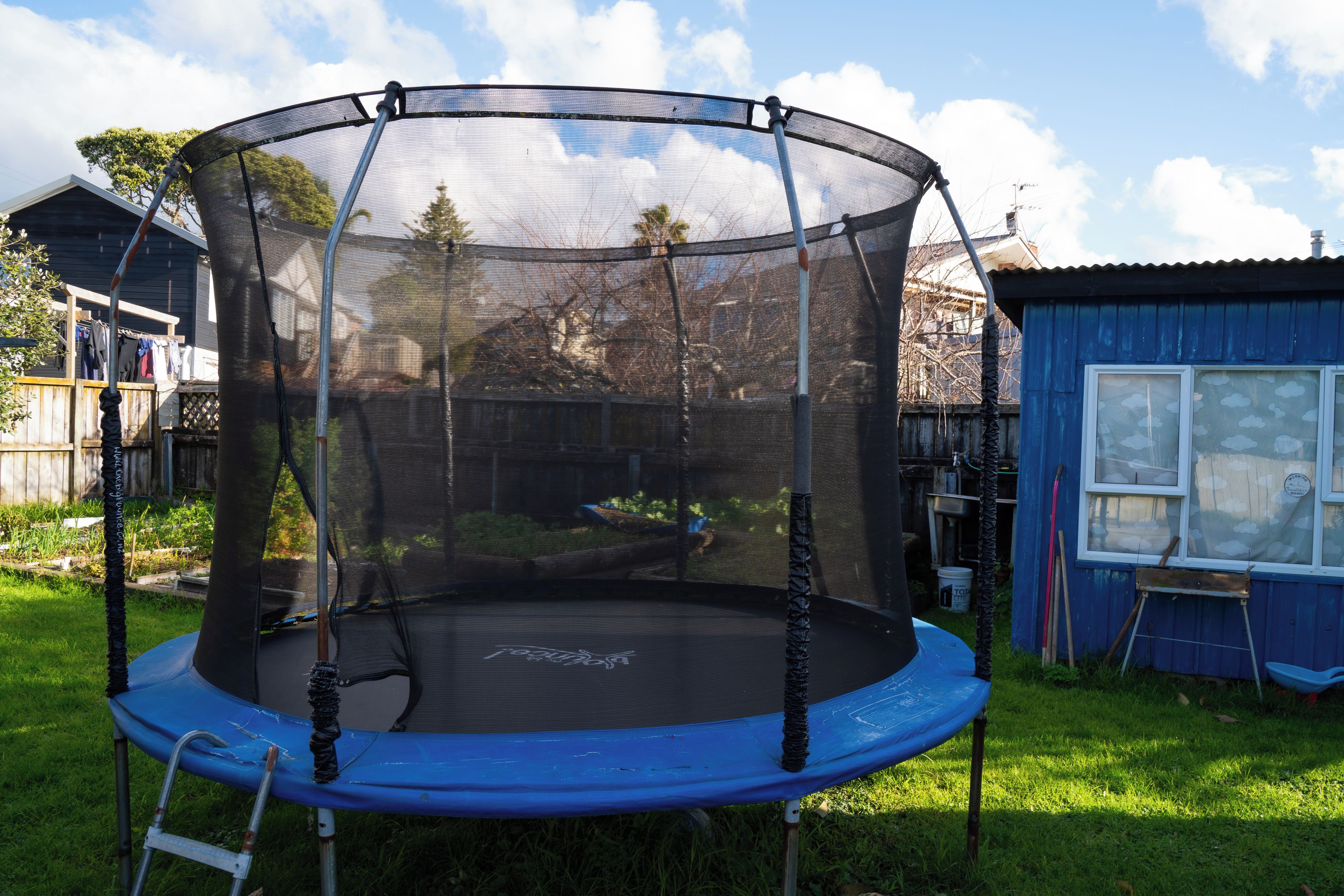 A trampoline with a safety net enclosure in a backyard.