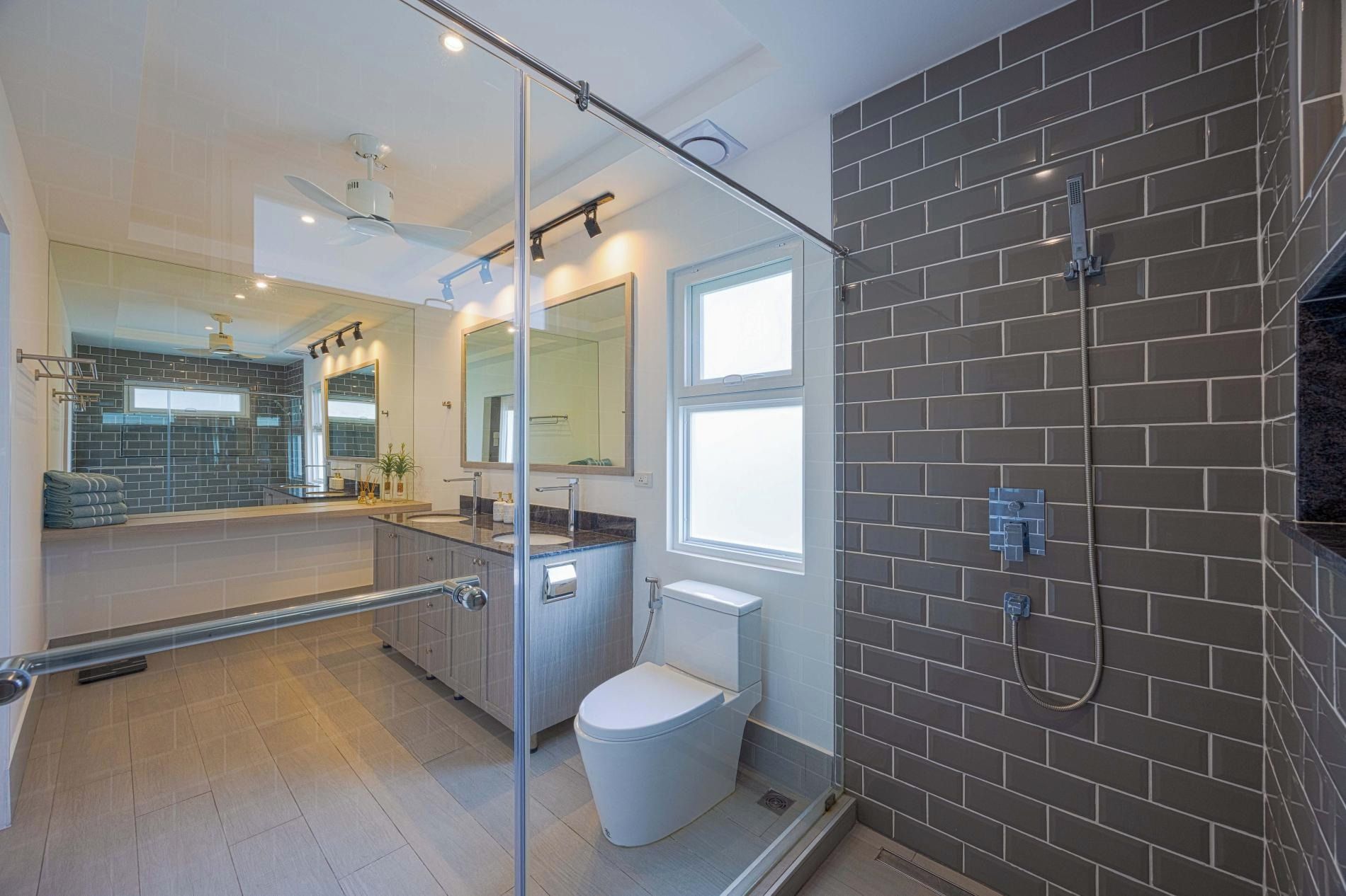 A modern bathroom with a glass shower enclosure, a toilet, and a vanity with a mirror.
