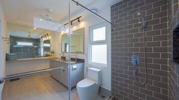 A modern bathroom with a glass shower enclosure, a toilet, and a vanity with a mirror.