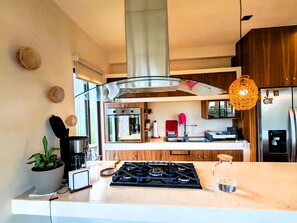 A modern kitchen with a gas stove, stainless steel appliances, and a large window. - Luxury 2BR Penthouse in the Jungle. Nature, Pools & Cenotes in Tulum (Tulum)