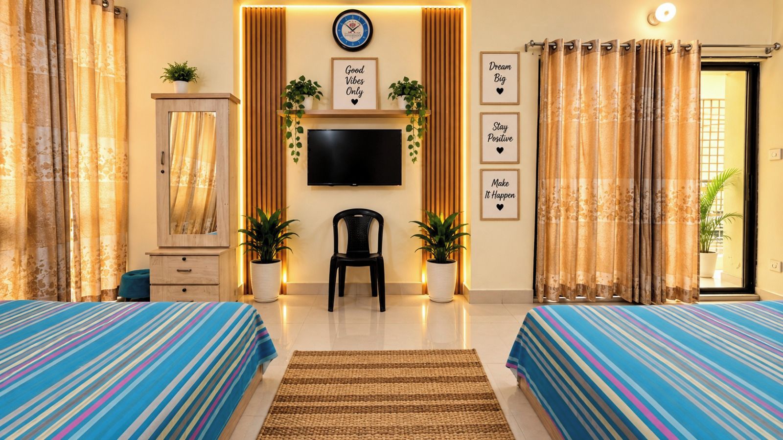 Habitación de hotel con dos camas, televisión, escritorio y vistas al exterior.