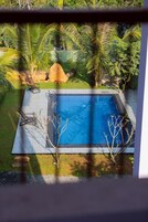 Piscina rectangular con solárium empedrado, rodeada de palmeras y follaje.