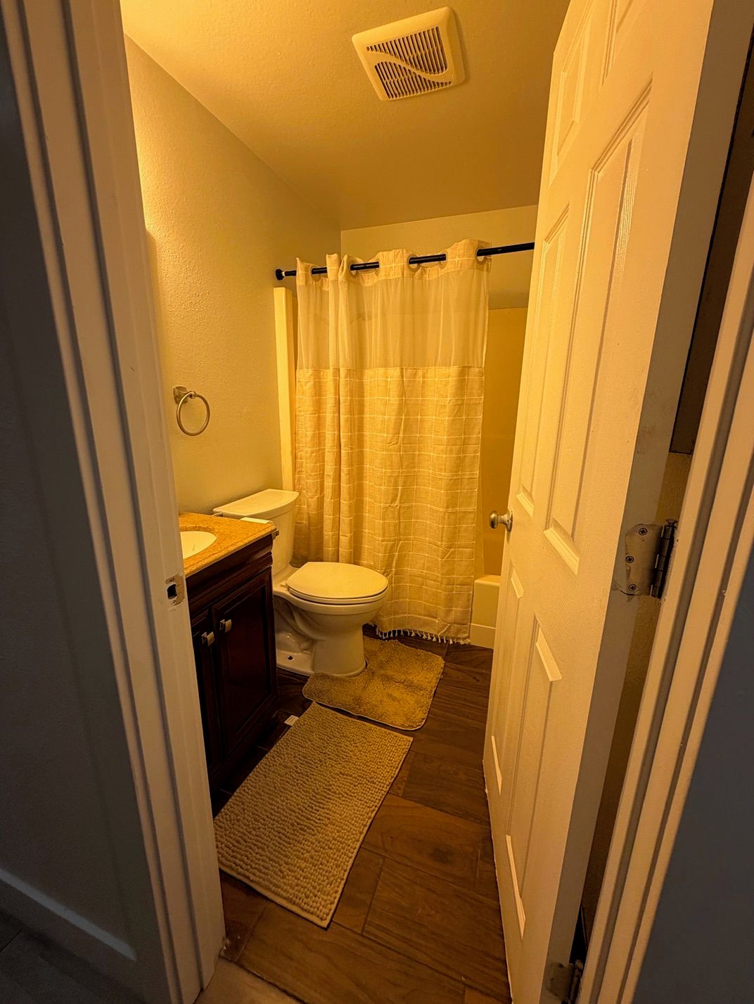 A bathroom with a toilet, sink, and shower curtain.