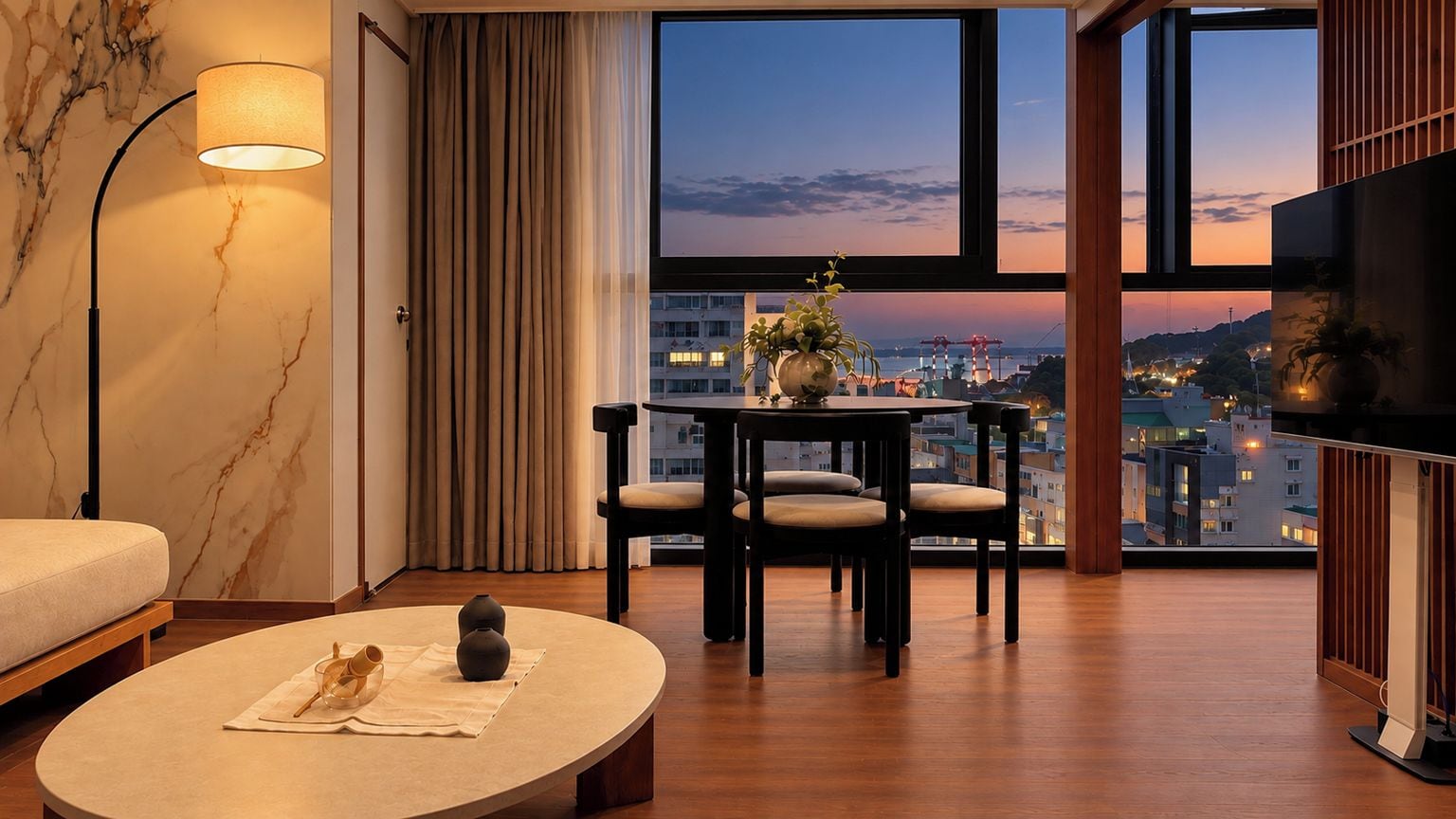 Una sala de estar moderna con un sofá, una mesa redonda de centro con zapatos, una mesa de comedor con sillas, un televisor y vistas a la ciudad a través de ventanas amplias.