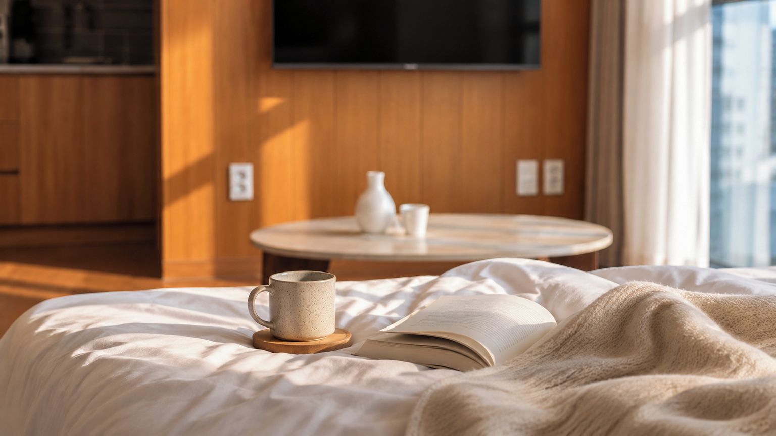 Un dormitorio con una cama, un libro, una taza y una pequeña mesa con una tetera.