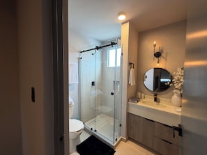 A modern bathroom with a glass-enclosed shower, a toilet, a sink with a mirror, and a vase with flowers. - Moderna y Elegante Casa  (Ciudad Apodaca)