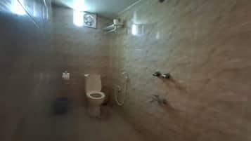 A bathroom with a toilet, a shower, and a marble wall.