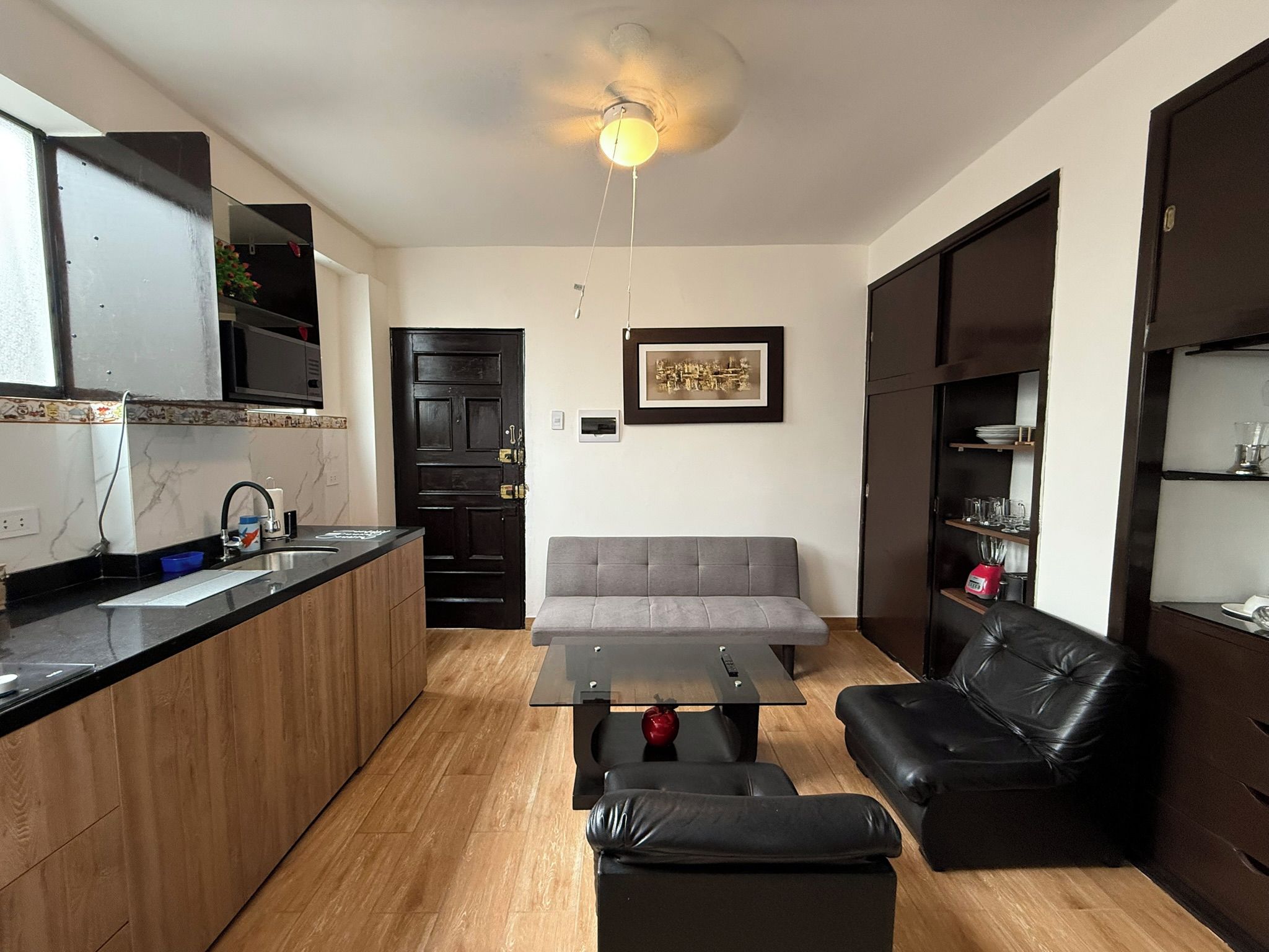 A compact living space with a kitchenette, a grey sofa, a black leather couch, and a glass coffee table.