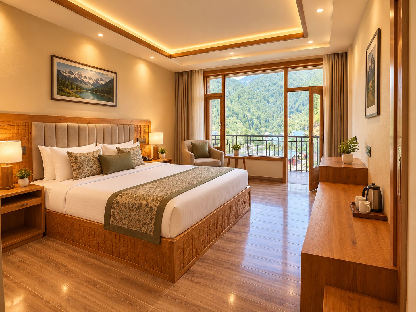 Une chambre d’hôtel avec un grand lit, un bureau, une chaise et un balcon offrant une vue sur les montagnes.