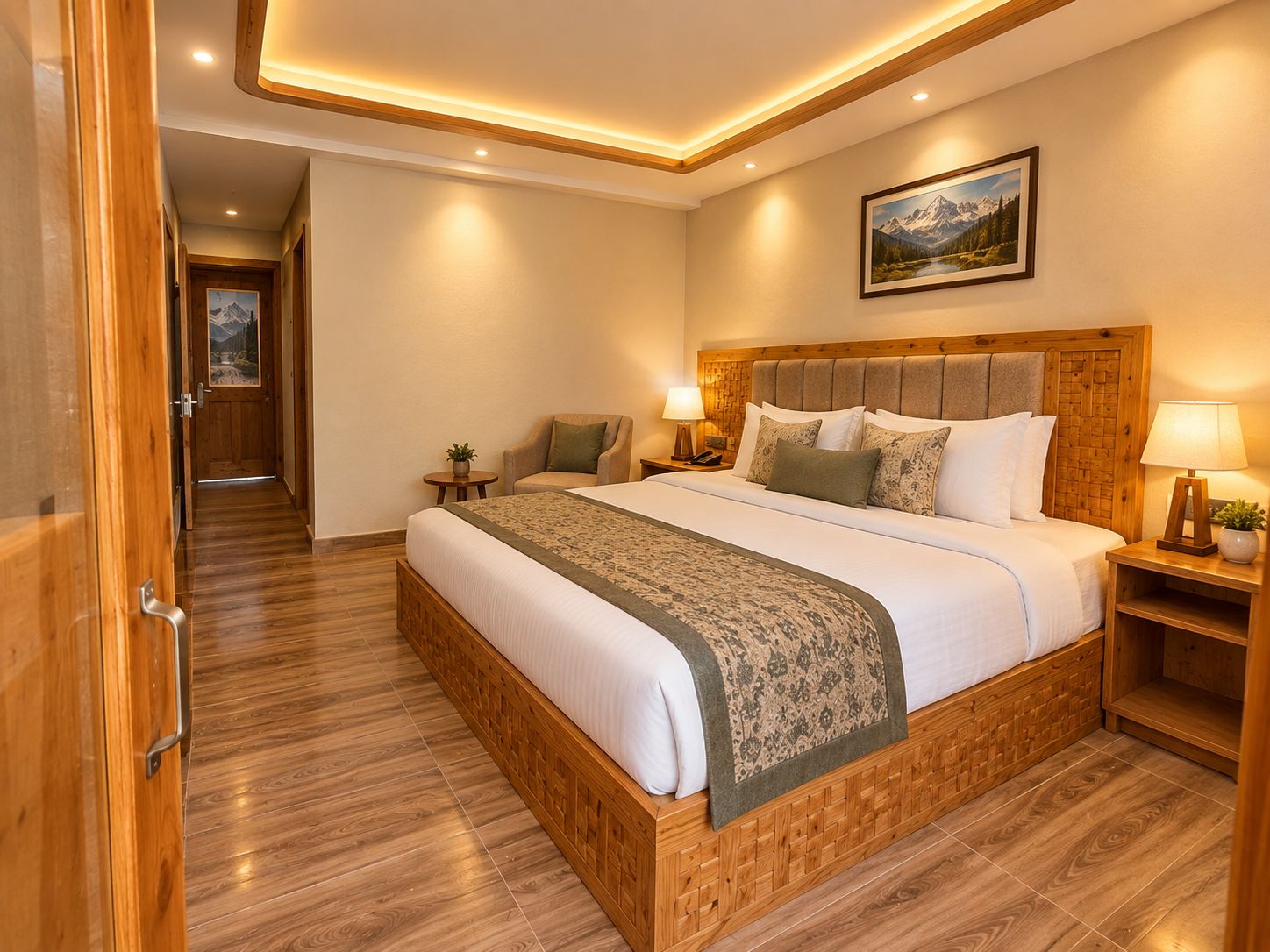 Une chambre d’hôtel avec un cadre de lit en bois, un grand lit, une table de chevet avec une lampe, un tableau accroché au mur et un plancher en bois.