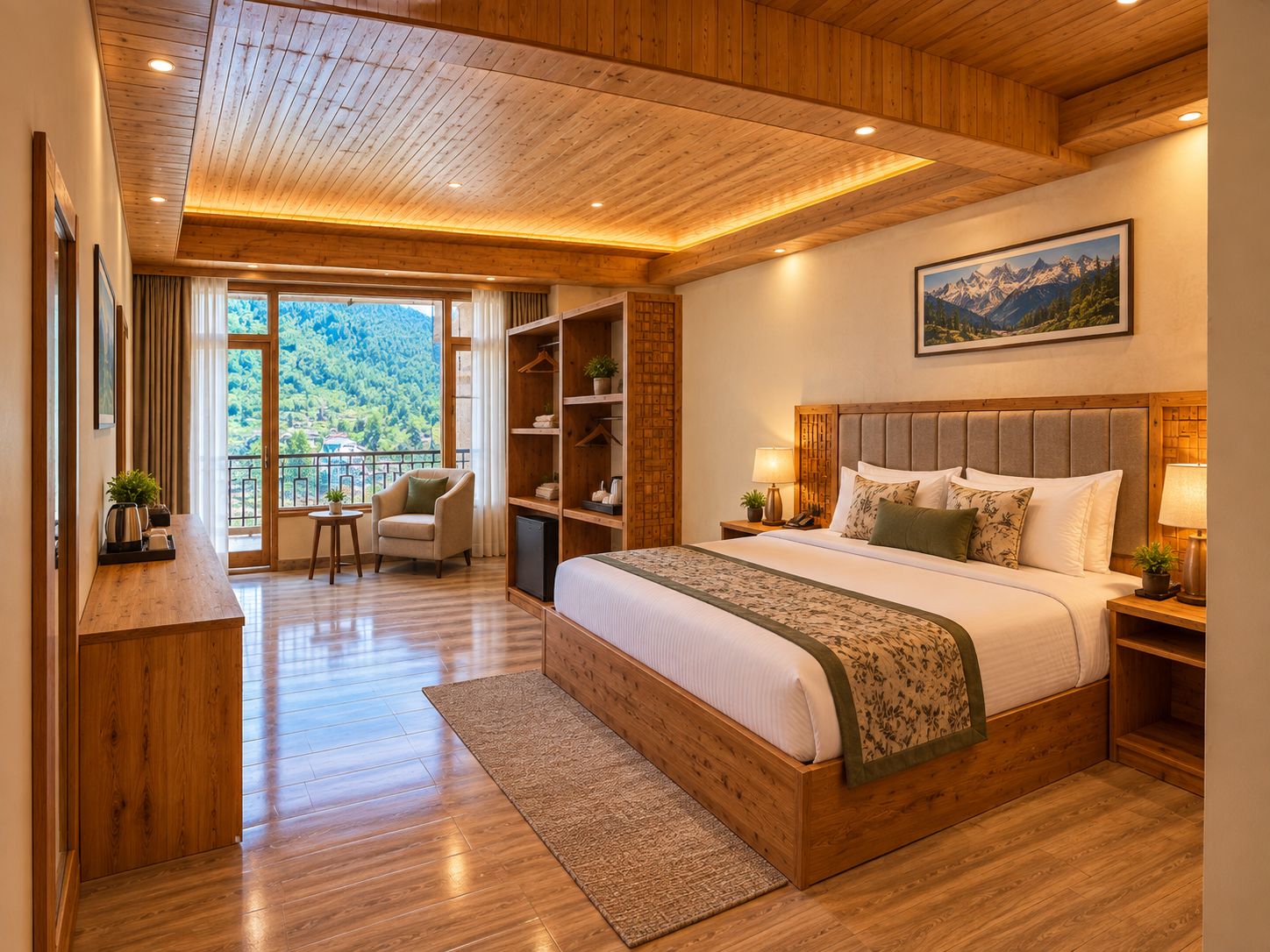 A spacious bedroom with a large bed, wooden headboard, bedside tables, a nightstand, a desk, and a chair.