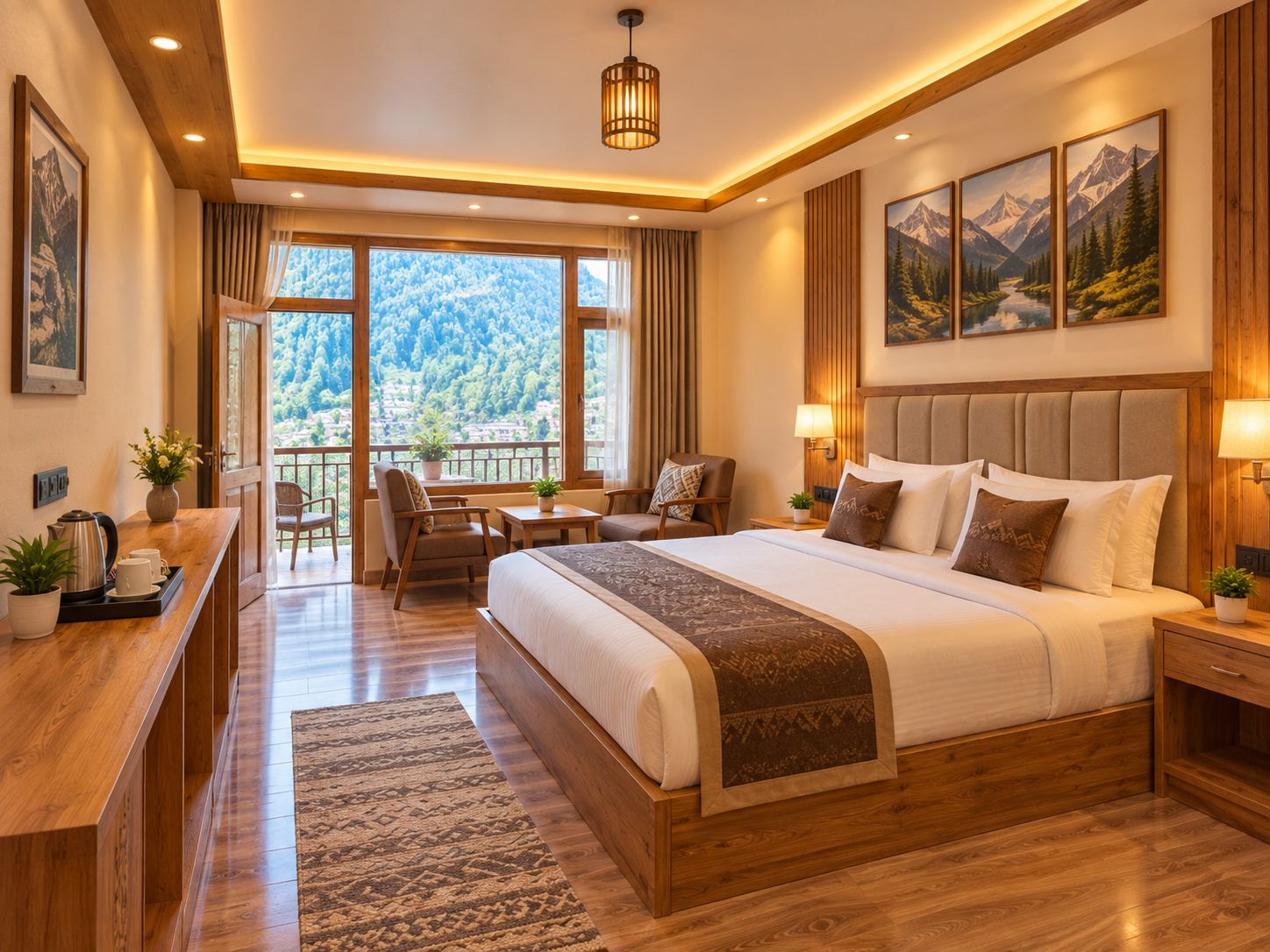 Ein Hotelzimmer mit einem großen Bett, einem Schreibtisch, einem Stuhl, einem Balkon mit Bergblick und einem Gemälde an der Wand.