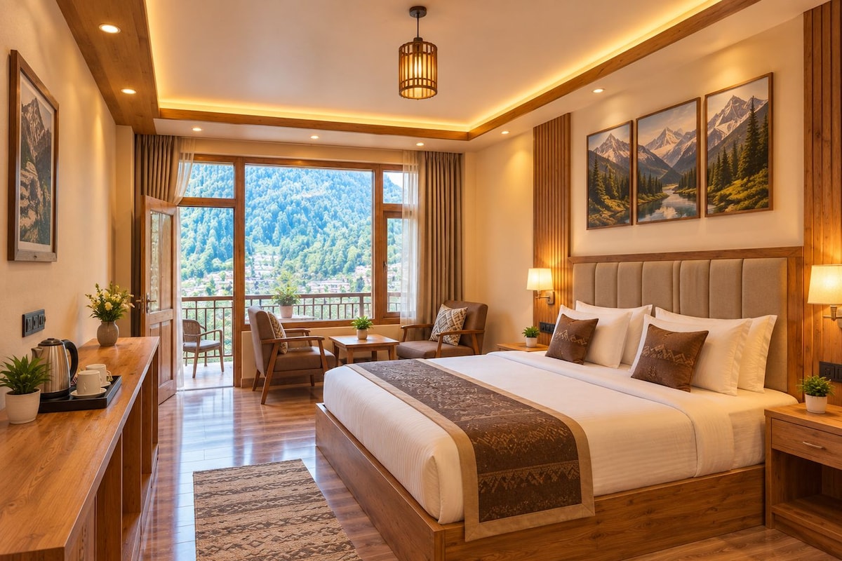 Une chambre d’hôtel avec un grand lit, un bureau avec une machine à café, une chaise, un balcon avec vue sur les montagnes et un tableau au mur.