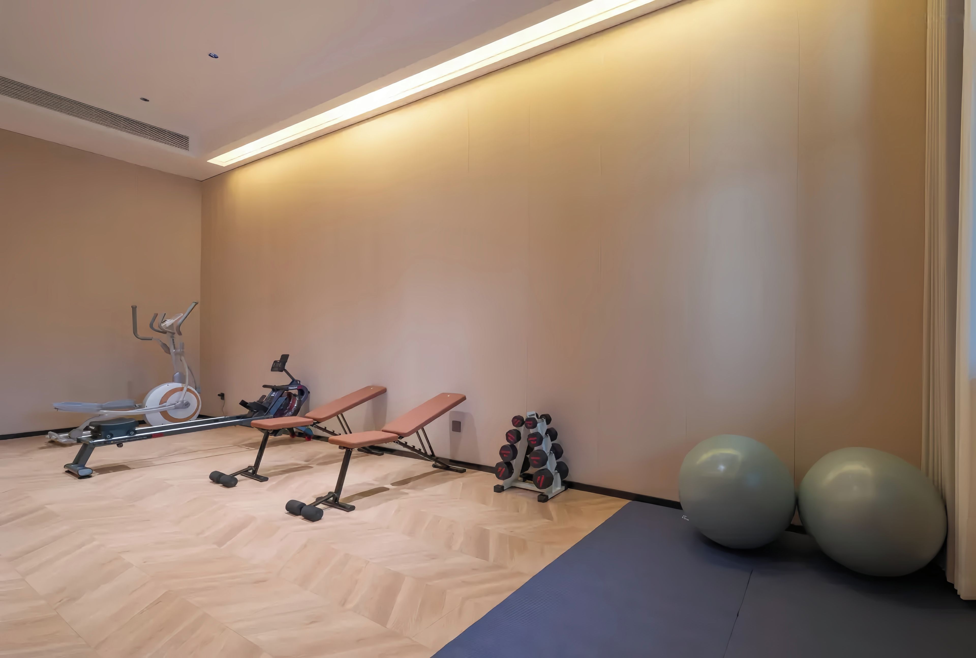 Une salle de sport équipée de matériel d’exercice, d’un porte-haltères fixé au mur et de ballons d’exercice.
