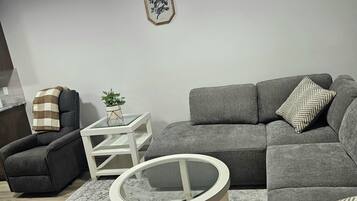 A living room with a grey sofa, a round coffee table, a patterned rug, a small side table with a plant, and a wall-mounted picture frame.