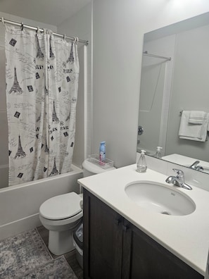 Ein Badezimmer mit Duschvorhang mit Eiffelturm-Motiv, einer weißen Toilette, einem Waschbecken mit Spiegel und einem Handtuchhalter.