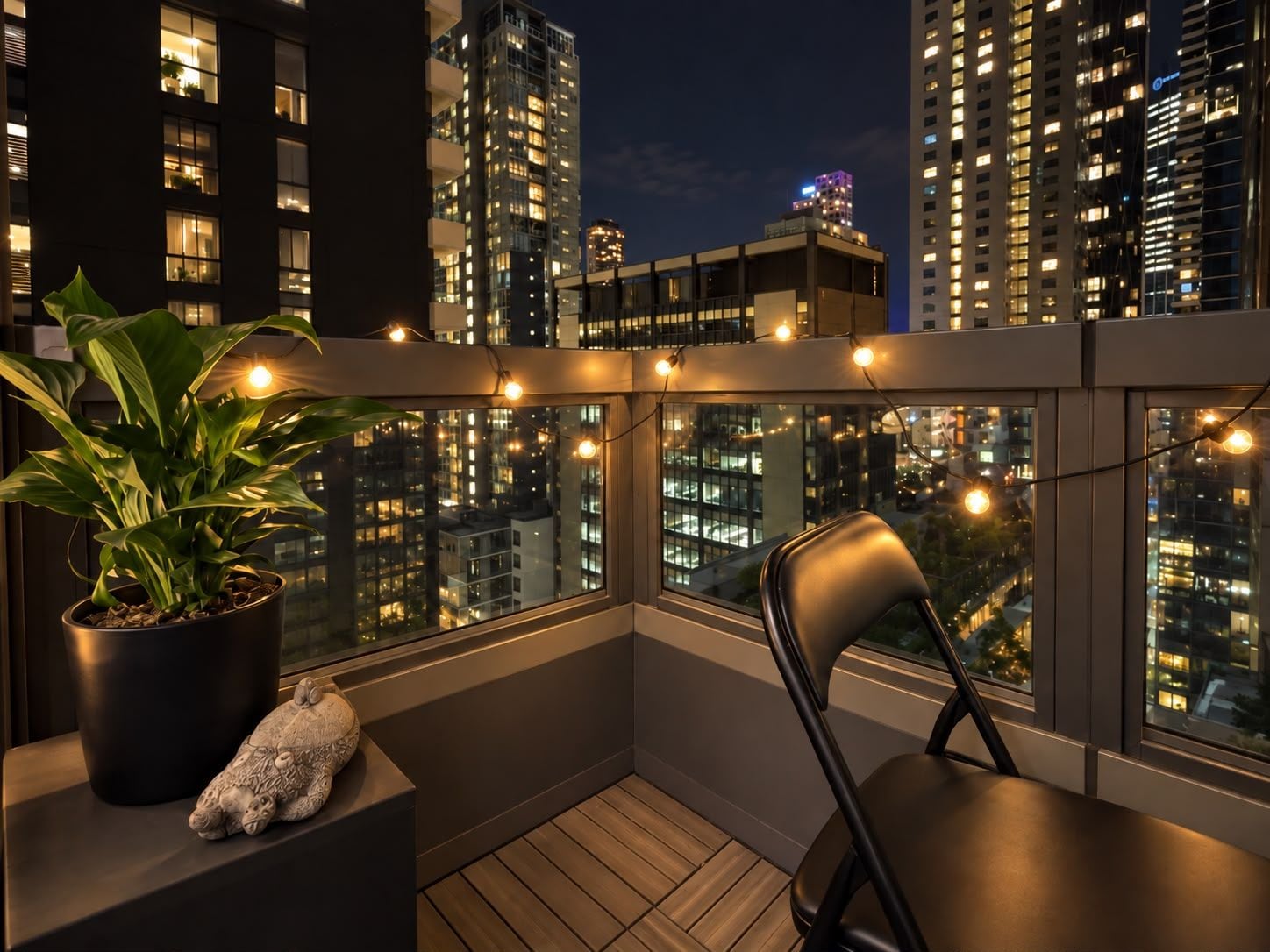 A balcony with a potted plant, a decorative stone, and a chair, overlooking a cityscape at night.