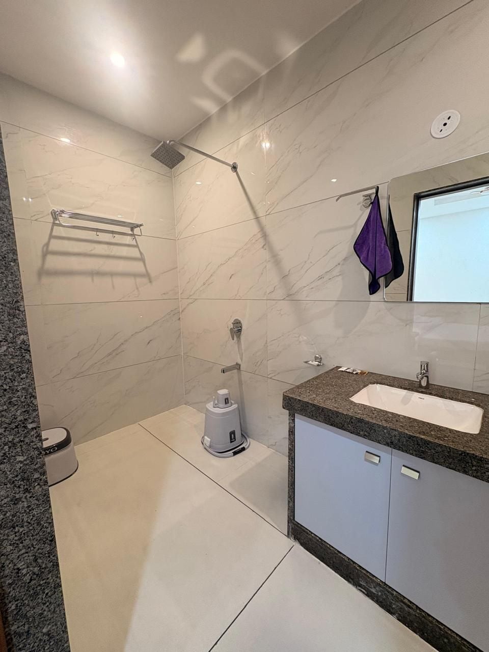 A modern bathroom with a shower, a sink, and a toilet.