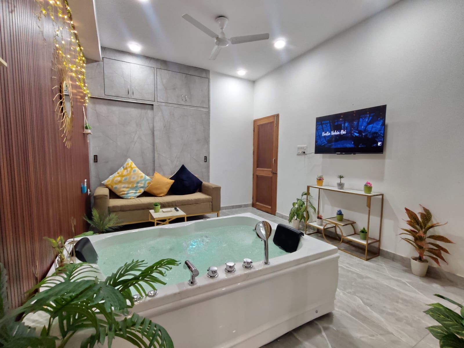 A modern living room with a large bathtub, a sofa with patterned cushions, a television, and various potted plants.