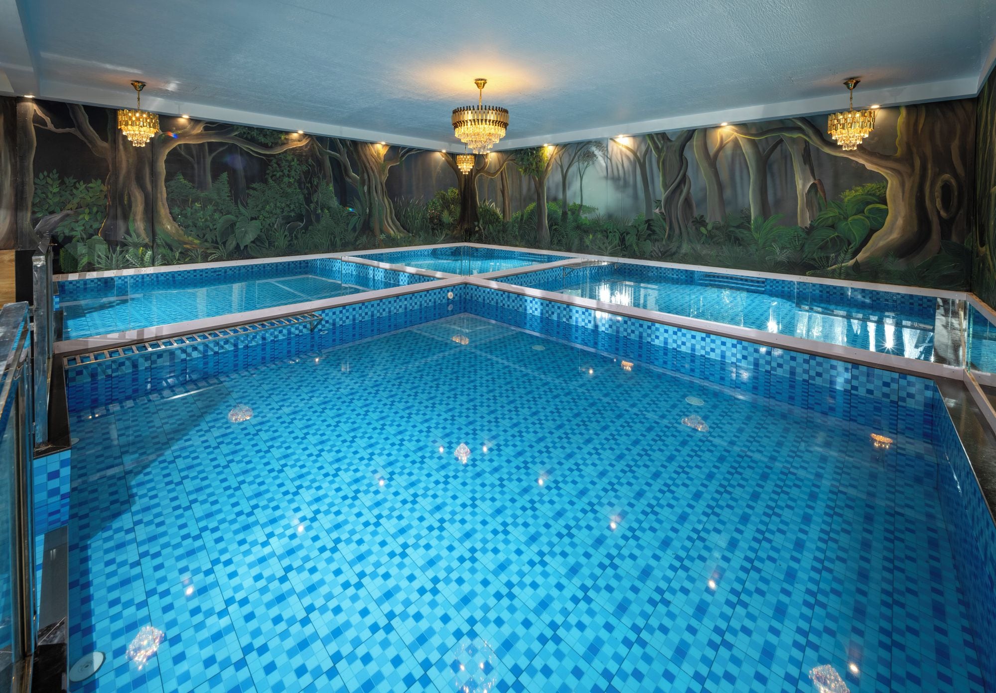 A large indoor swimming pool with a checkered blue tile floor and walls decorated with a forest mural.