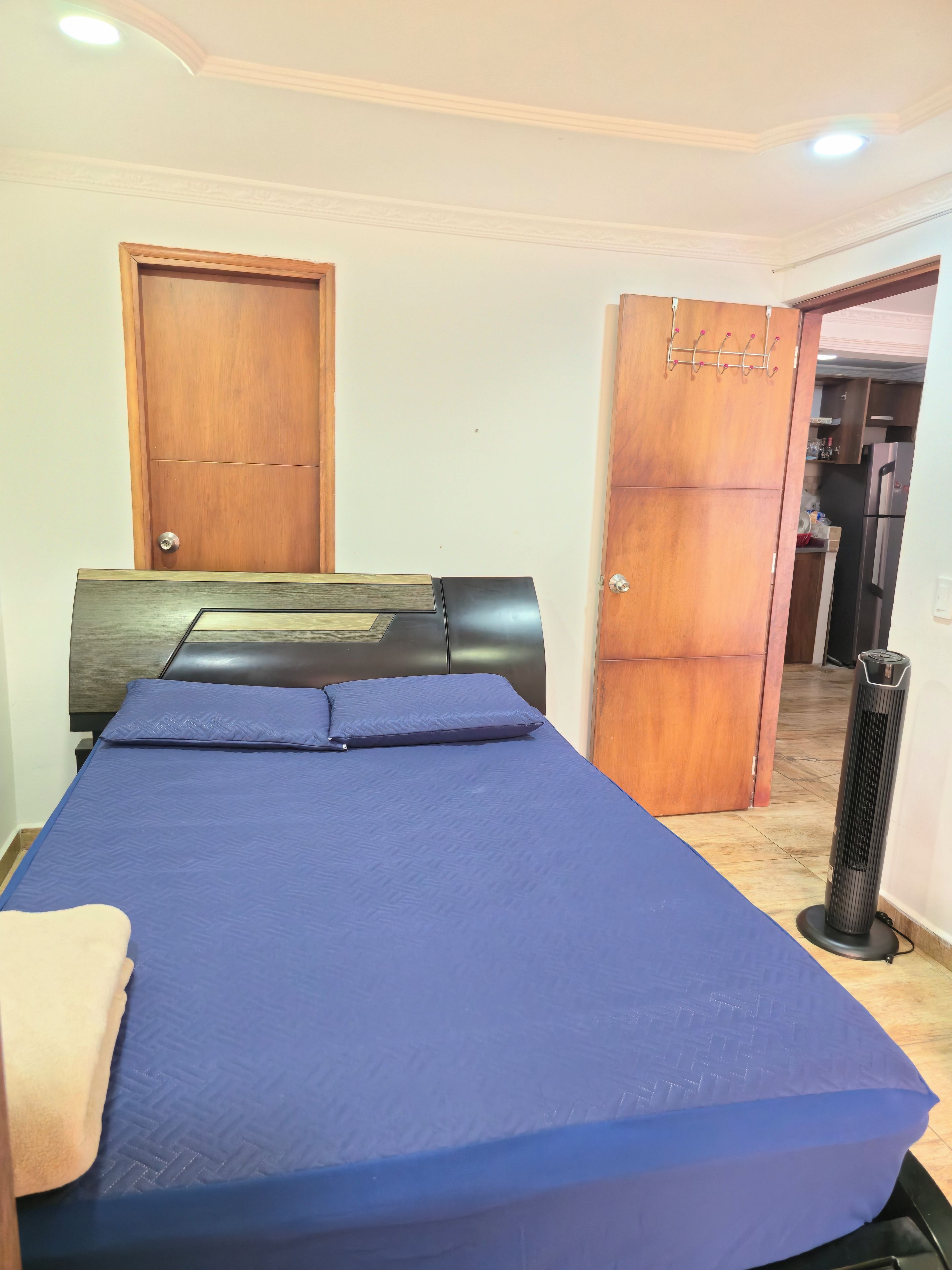 Ein Schlafzimmer mit einem Bett, einer Holztür, einem Kleiderschrank und einer Heizung.
