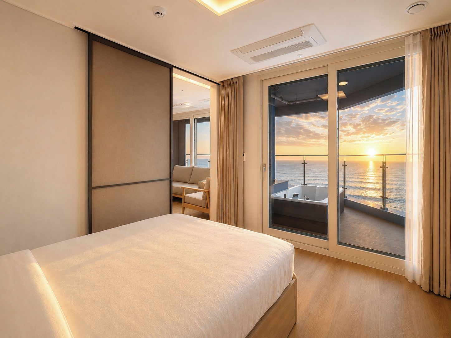 A hotel room with a bed, a seating area with a view of the sea, and a balcony with a sunset view.
