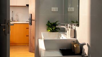 A modern bathroom with a white sink, a mirror, and a plant.