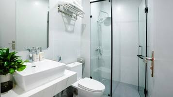 A modern bathroom with a glass shower enclosure, a white sink, and a toilet.