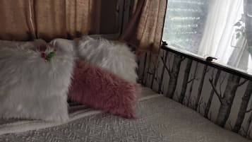 A bed with patterned bedding, a window with curtains, and a wall with a tree pattern.