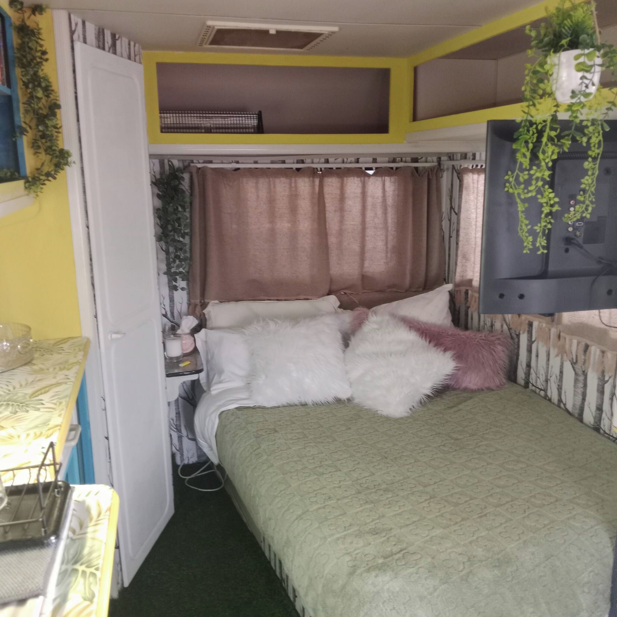 Une chambre à coucher de taille réduite, comprenant un lit, une table de chevet et une plante suspendue.