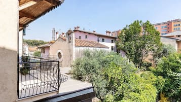 A residential balcony with a metal railing, a small garden area with various plants, and a view of neighboring houses with distinct architectural styles.