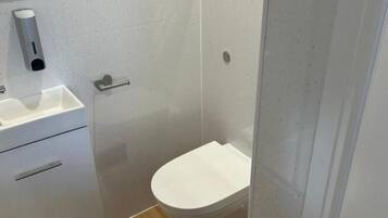 Un baño pequeño con inodoro blanco, lavamanos y espejo.