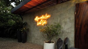 A modern building exterior with a neon sign, a potted plant, and two wooden sculptures. - Luxurious Beachfront Villa with Private Pool in Punta Uva (Punta Uva)
